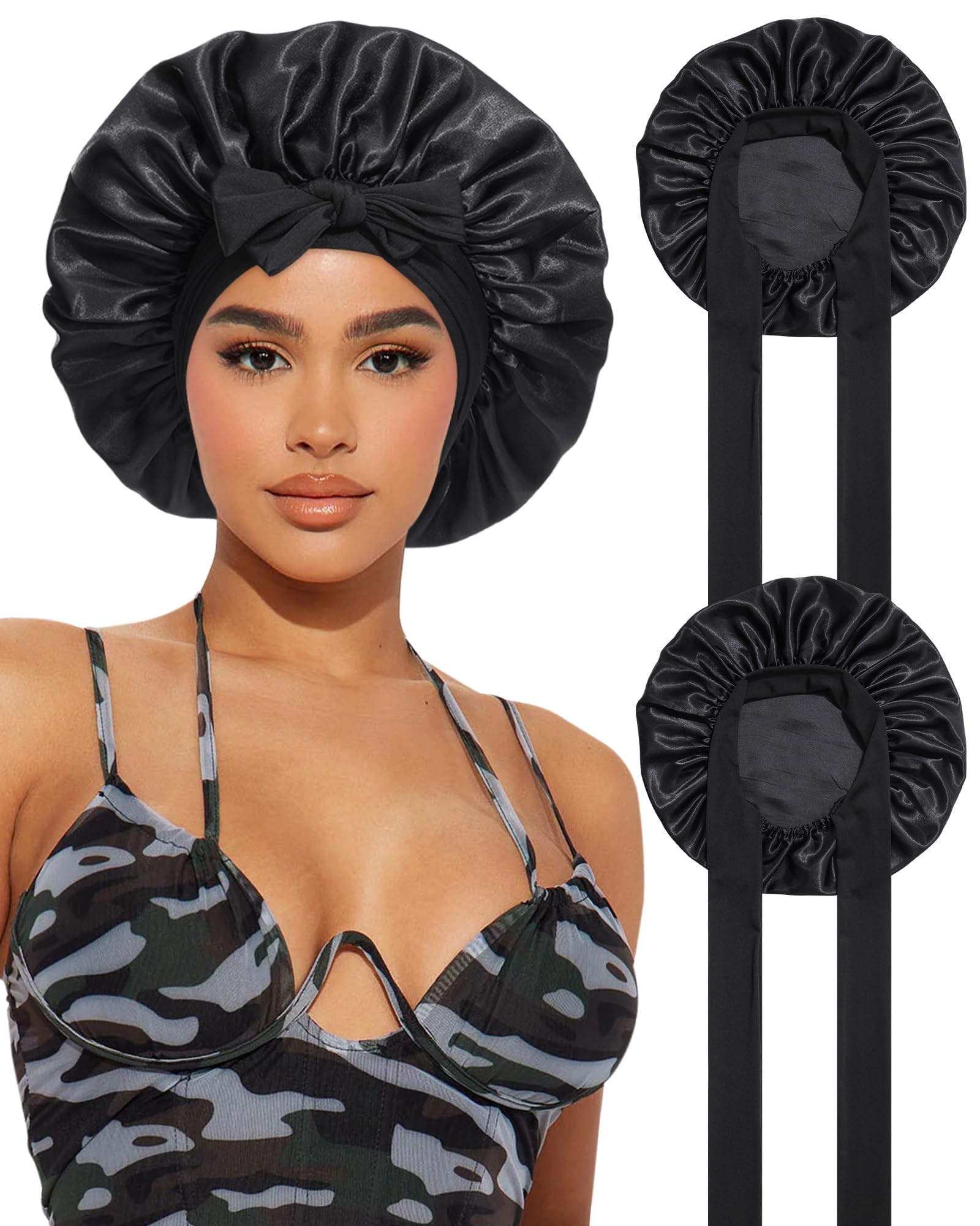 2PCS Satin Bonnet Silk Bonnet for Sleeping Women Curly Hair Bonnet with Tie Band Bonnet Sleep Cap (US Numeric 7 7 3/8 Elastic Tie Band -Black)